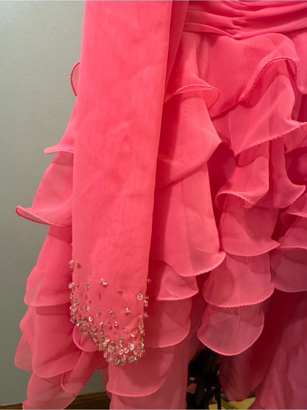 Pink Beaded V-Neck Ruffled Prom Dress - Picture 12 of 12